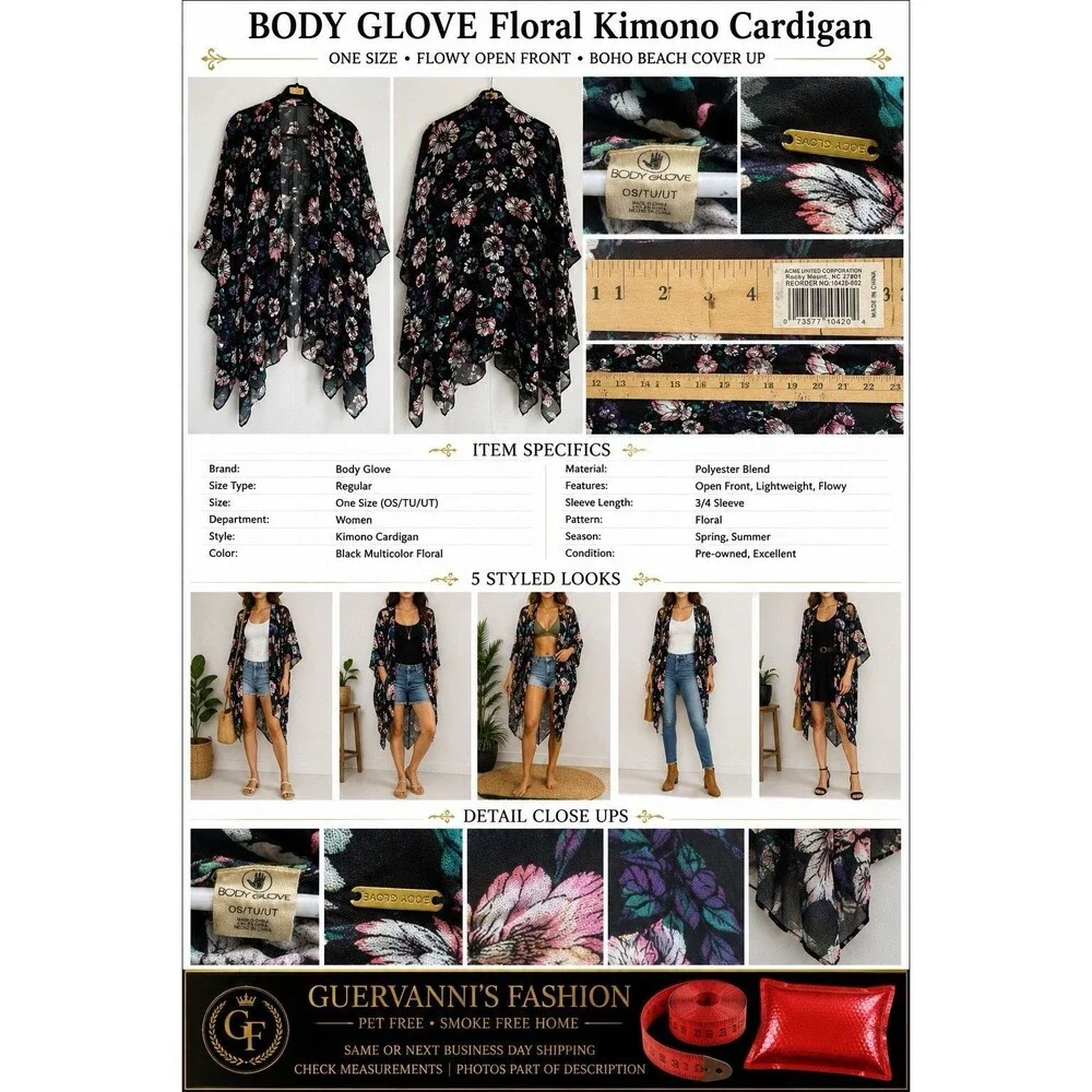 Body Glove Kimono Women OS Floral Print Open Front Black Boho Tropical